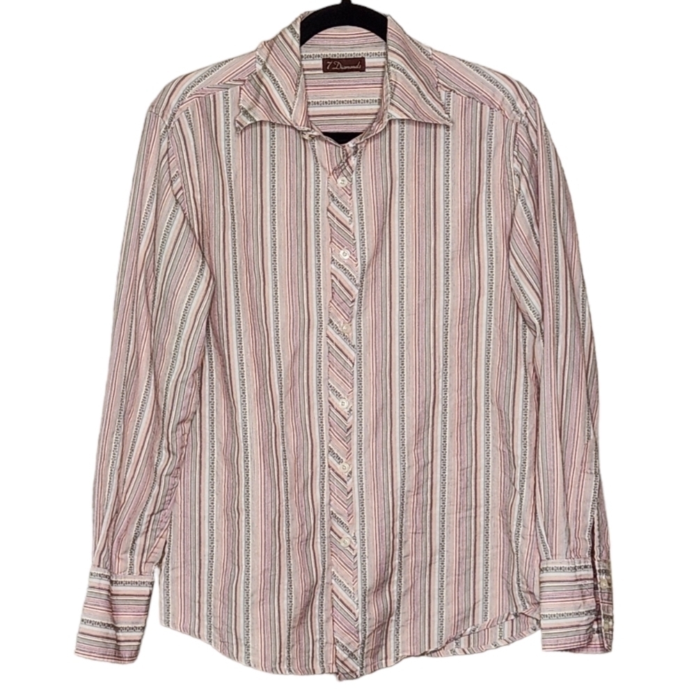 7 Diamonds Button Up Shirt Mens L Long Sleeve Adjustable Cuff Multi Striped